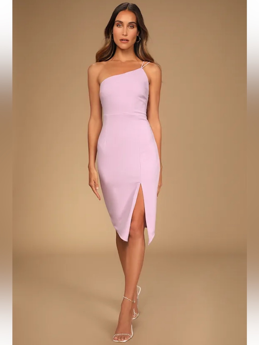 Lulu's One-Shoulder Lilac Midi Dress with Front Slit